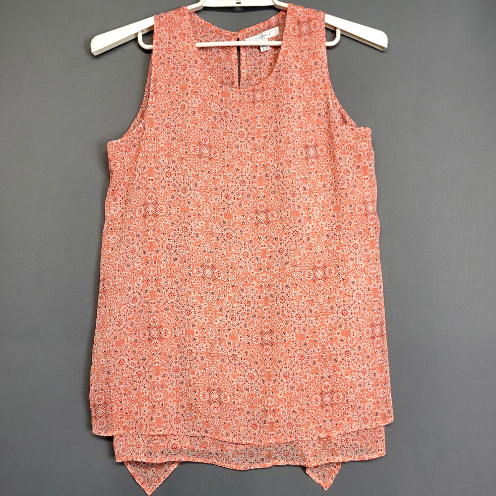 Fever Asymmetrical Tank Top Womens L Floral Orange White Geometric Sheer Overlay